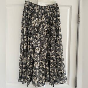 Topshop Black and Cream Floral A-Line Midi Skirt